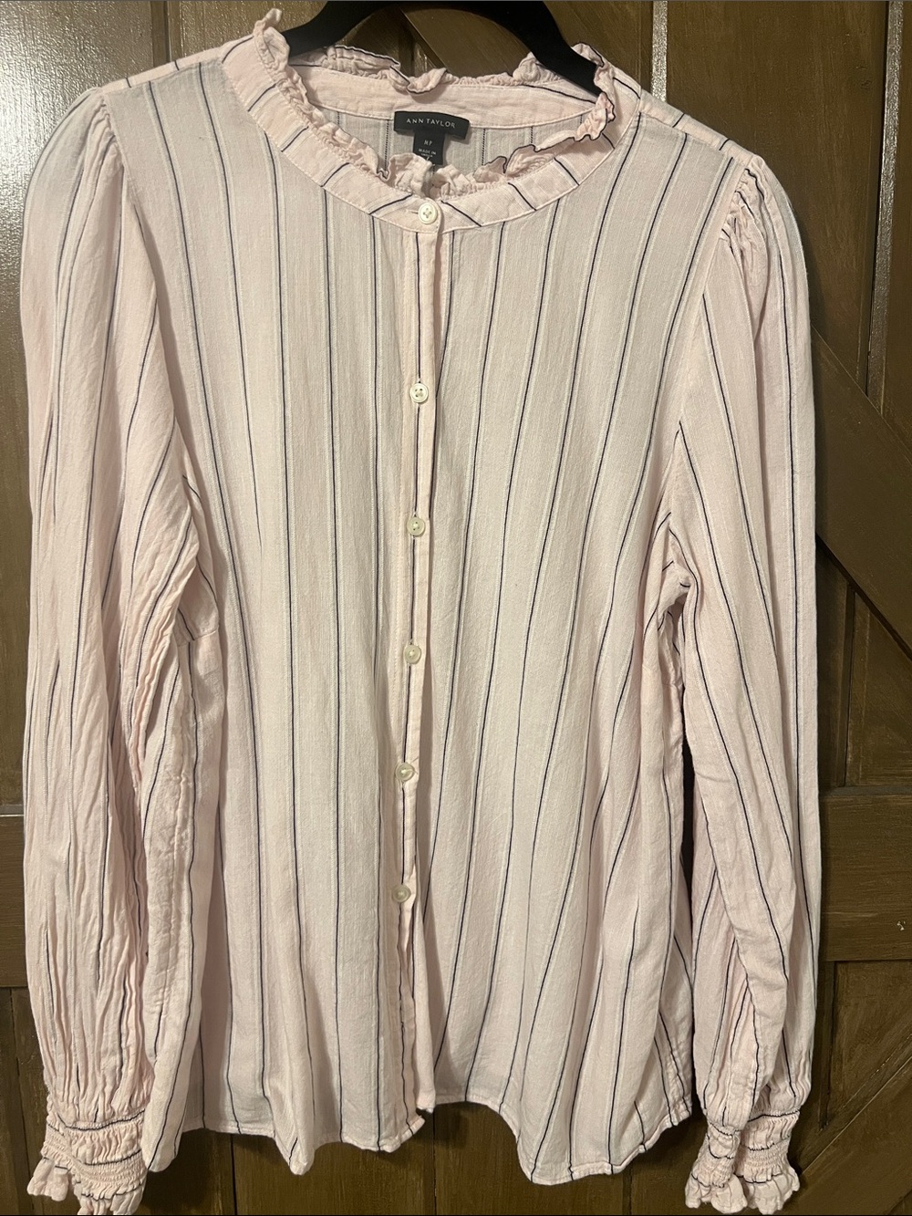 Ann Taylor Light Pink Striped Ruffle-Neck Button Down Blouse